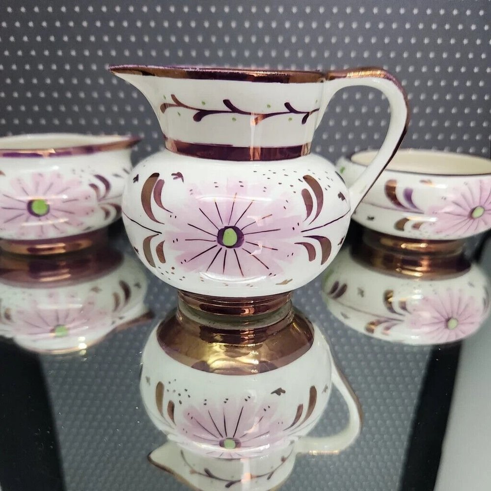 OLS1 by Old Castle Lusterware Creamer and Sugar Set, Purple and Pink, England - Picture 3 of 12